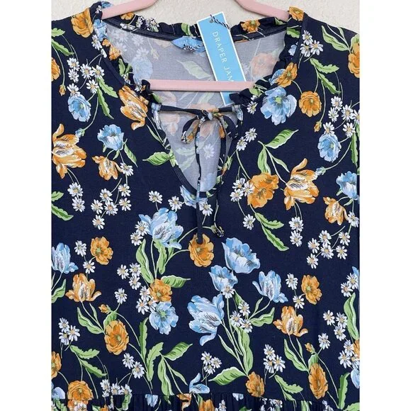 Draper James Dress Womens Size Large Blue Floral Garden Stretch Ruffle - Picture 3 of 9